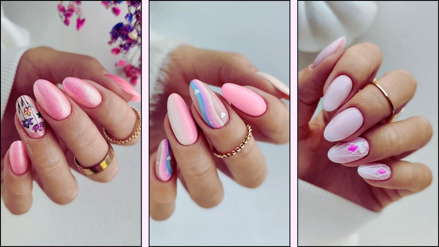 A collage of cute pink nail designs