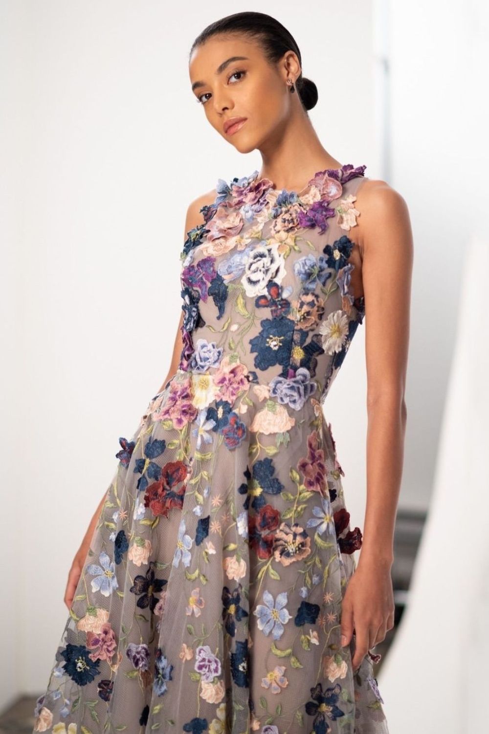 3D flowers on sheer fabric dress