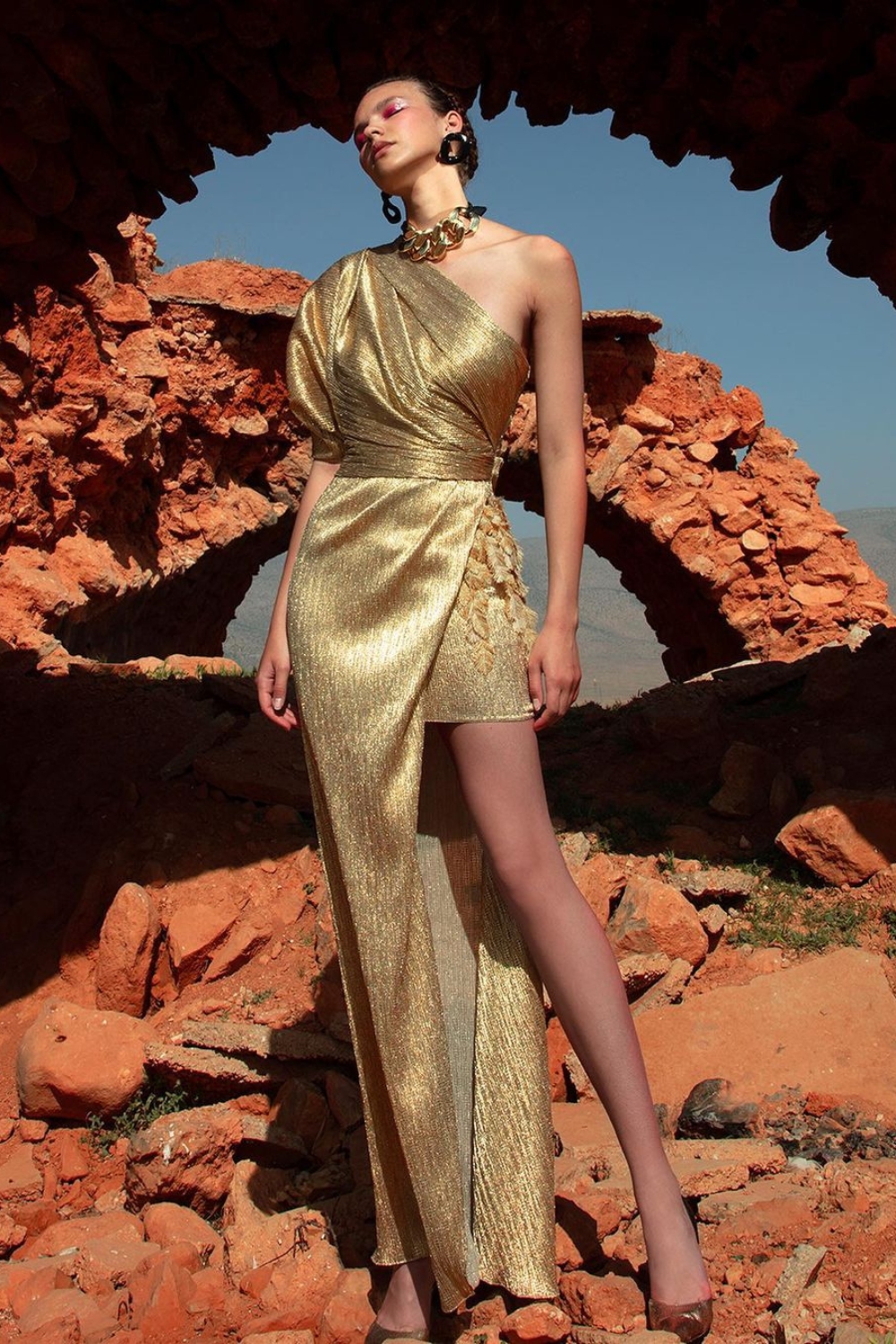 Asymmetrical metallic wrap dress