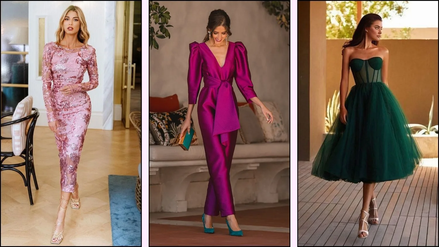 A collage of beautiful wedding guest outfits