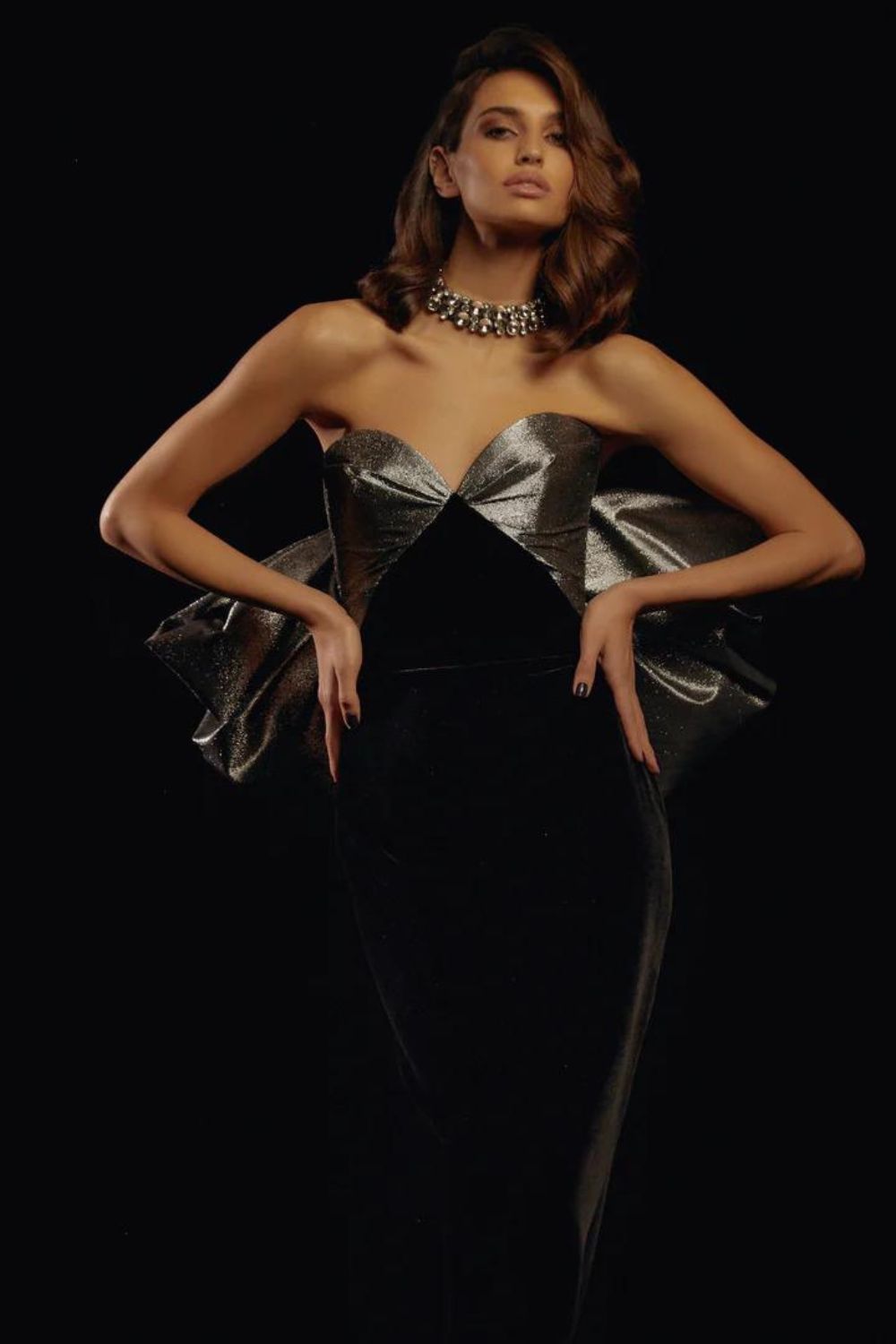 Black dress with a silver bow