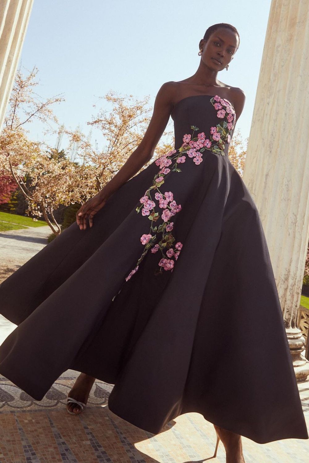 Black dress with pink floral details