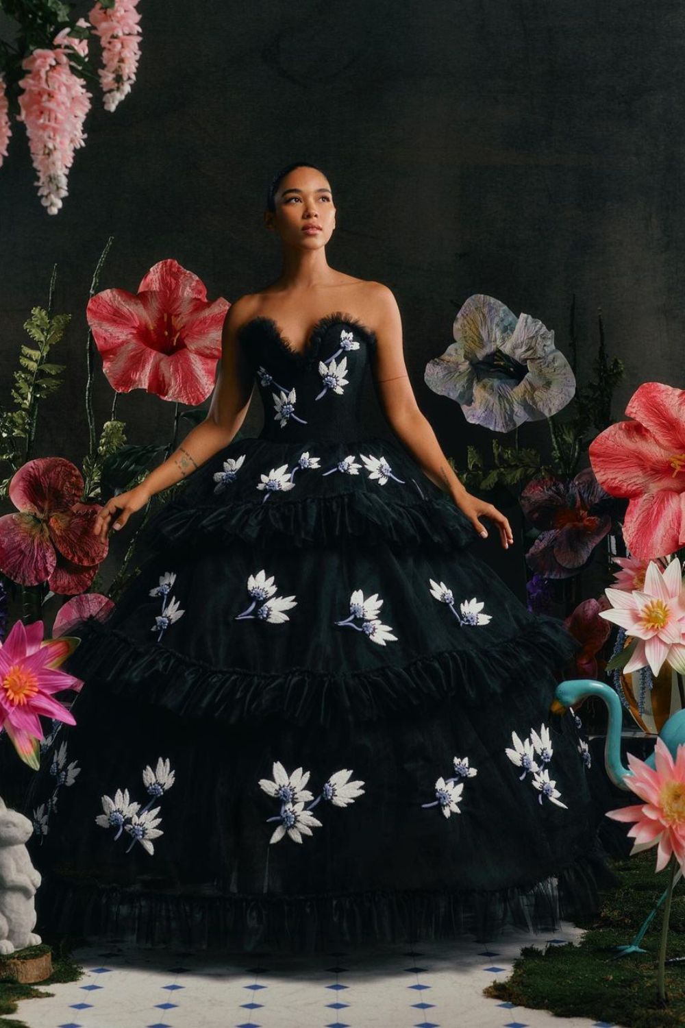 Black gown with white flowers