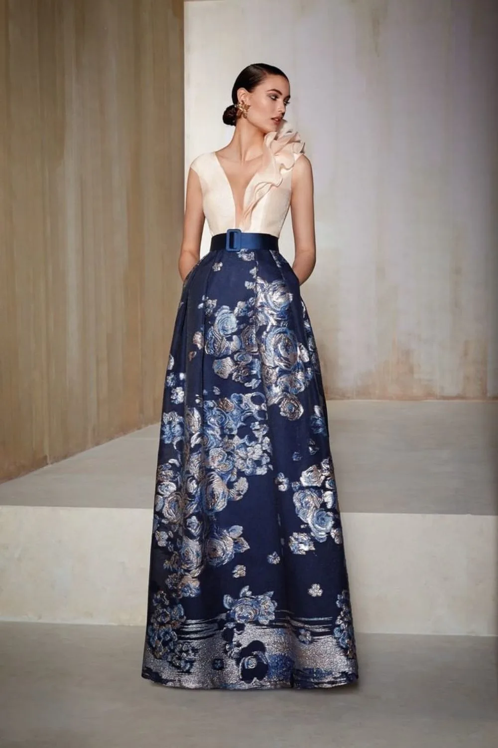 Blue and beige floral evening dress