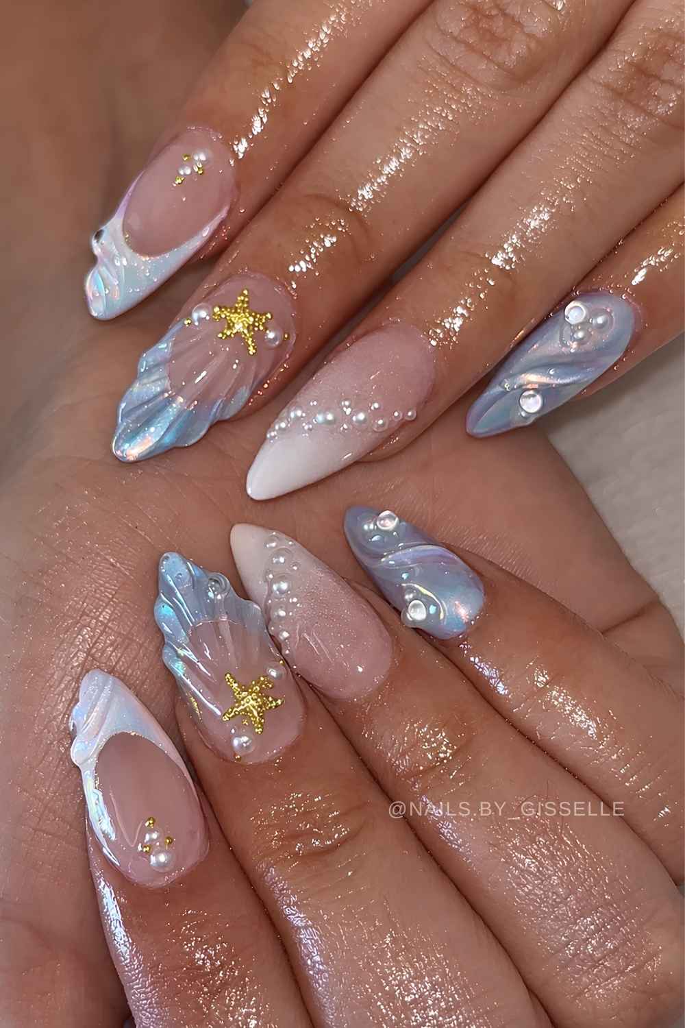 Blue and white nails with 3d mermaid art