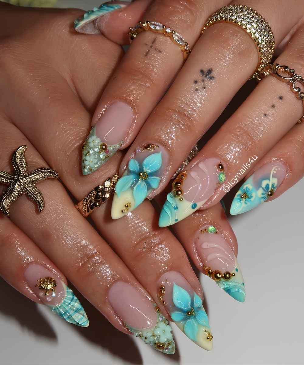 Blue and yellow 3d mermaid mani