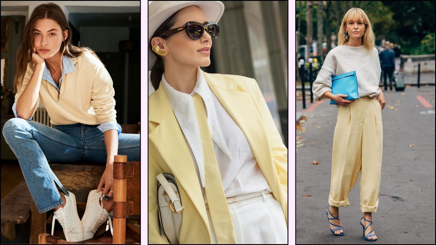 A collage of outfits with butter yellow color