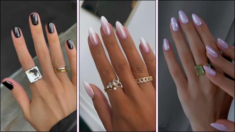 A collage of chrome nail designs