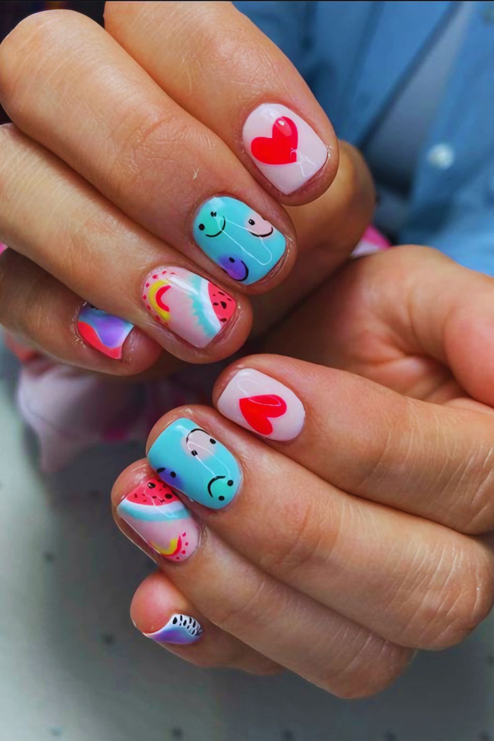 Colorful nails with watermelons and smiles