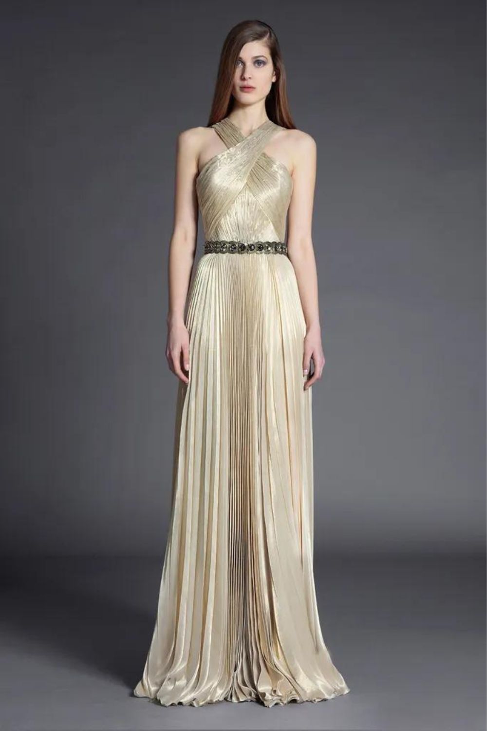 Gold pleated grecian dress