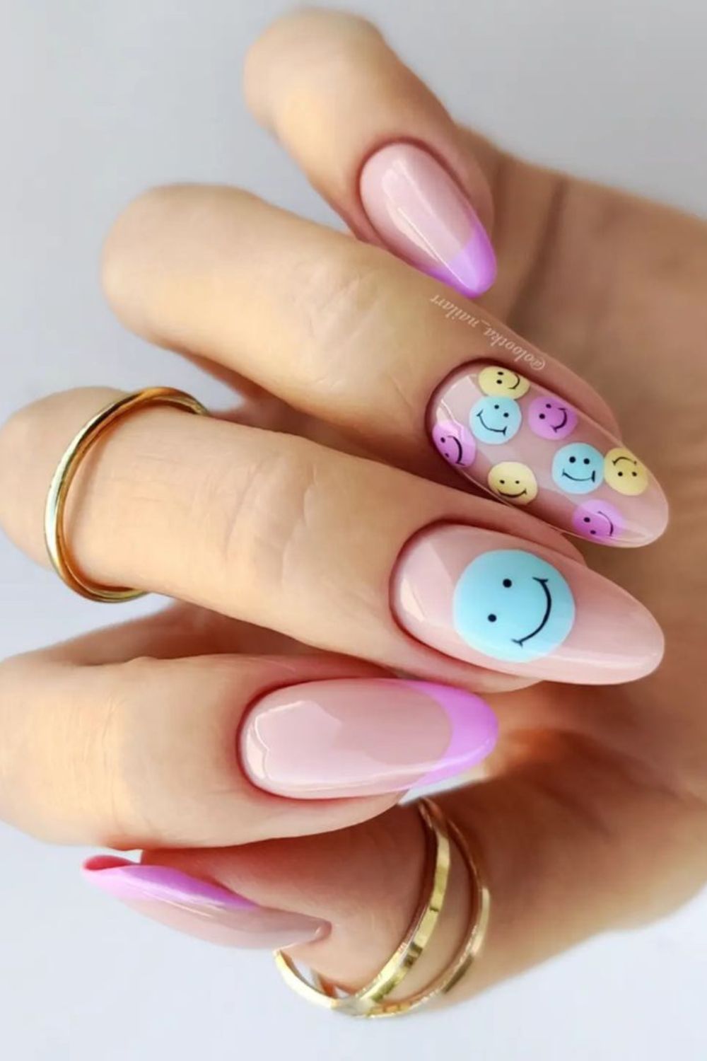 Happy face nails with pink tips