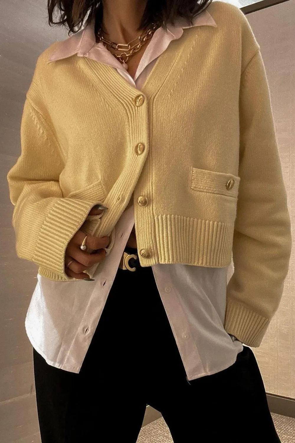 Layered outfit with butter yellow sweater