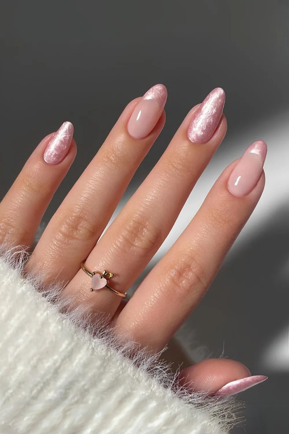 Light pink nails with pearl swirl finish