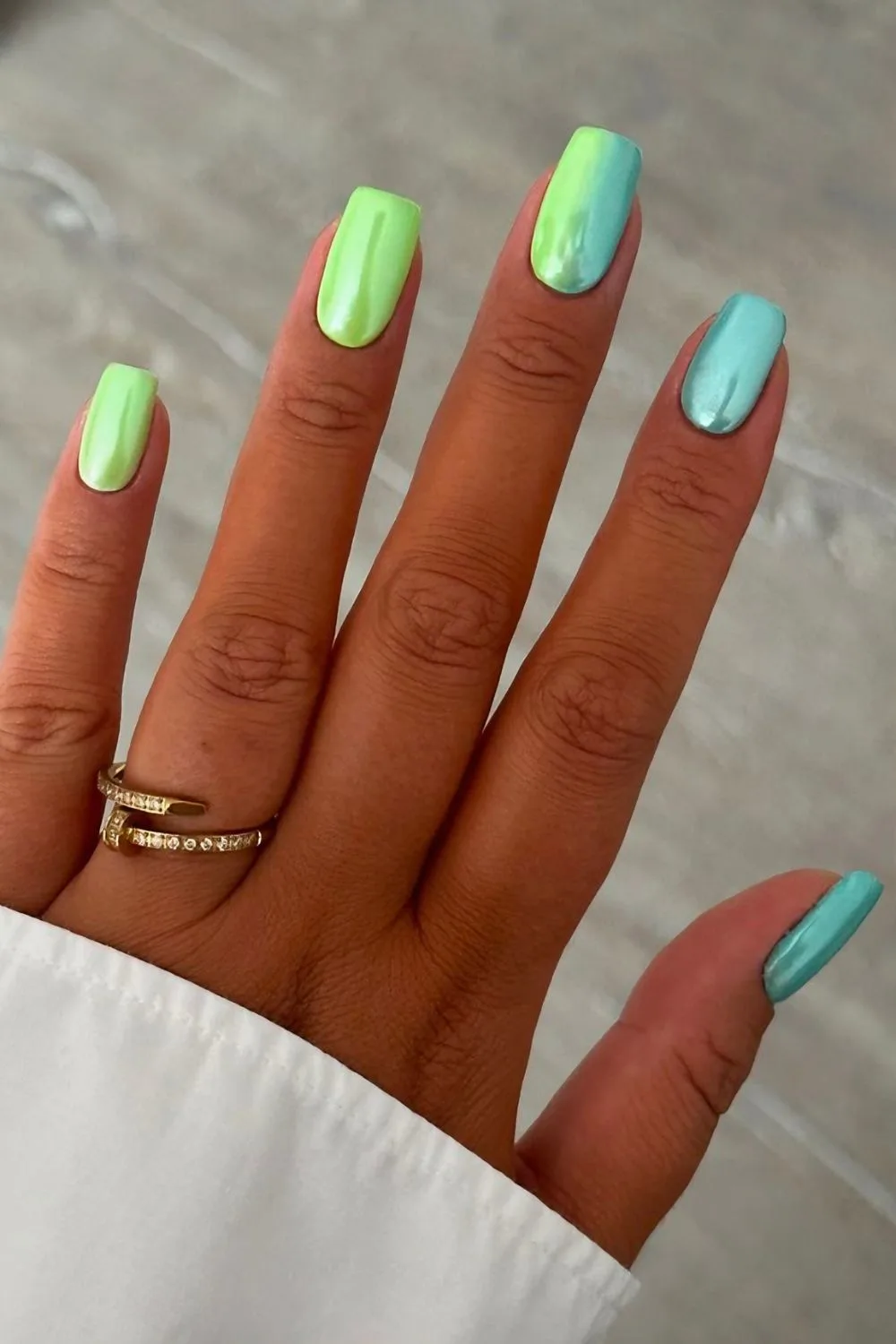 Lime and aqua chrome nails