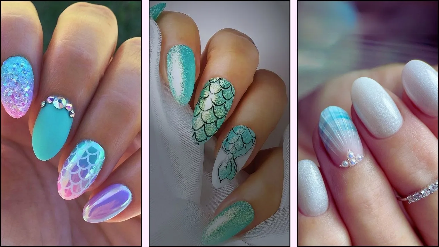 A collage of mermaid nail designs