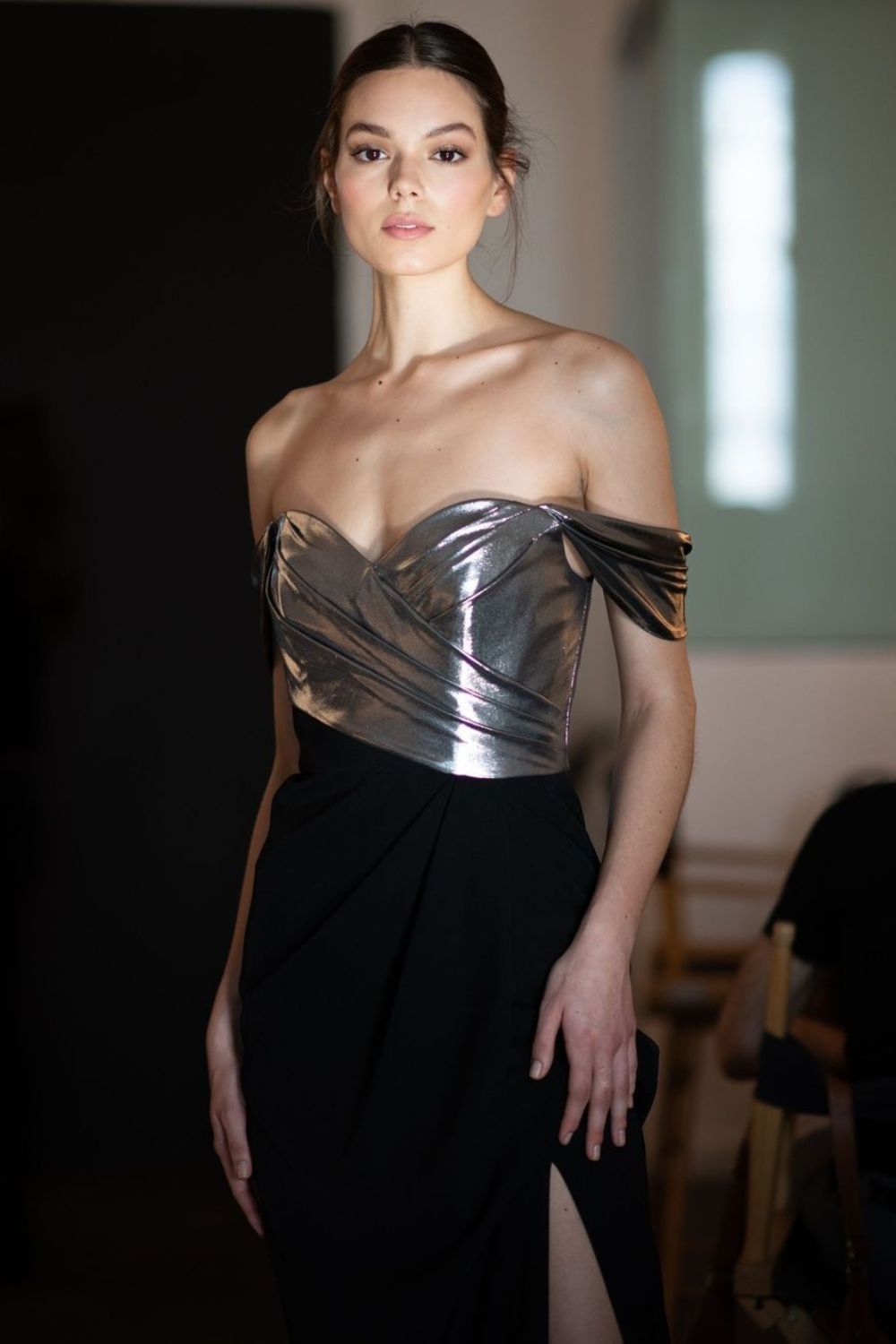 Metallic off-shoulder gown