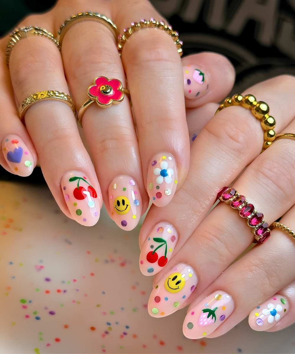 Milky nails with eclectic micro art