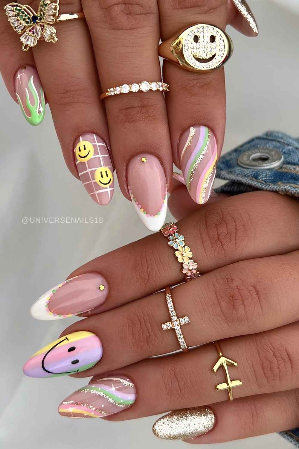 Mix and match mani with glitter and smiley art