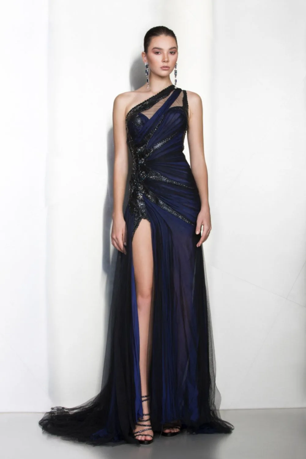 Navy one-shoulder gown