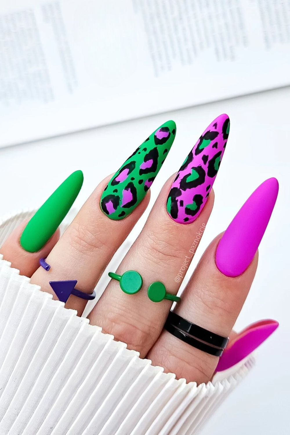 Neon green and pink leopard nails