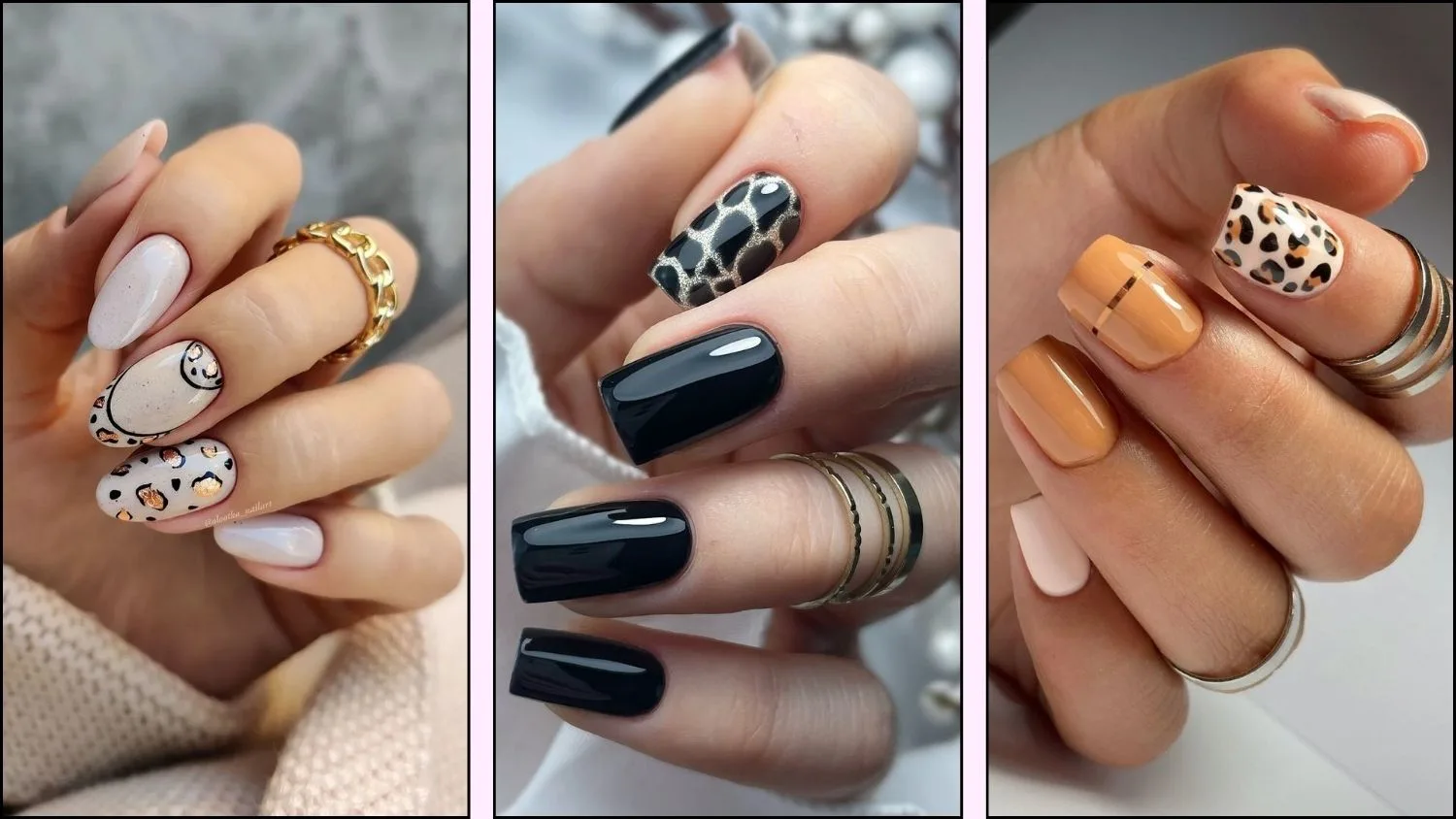 A collage of neutral leopard nail designs