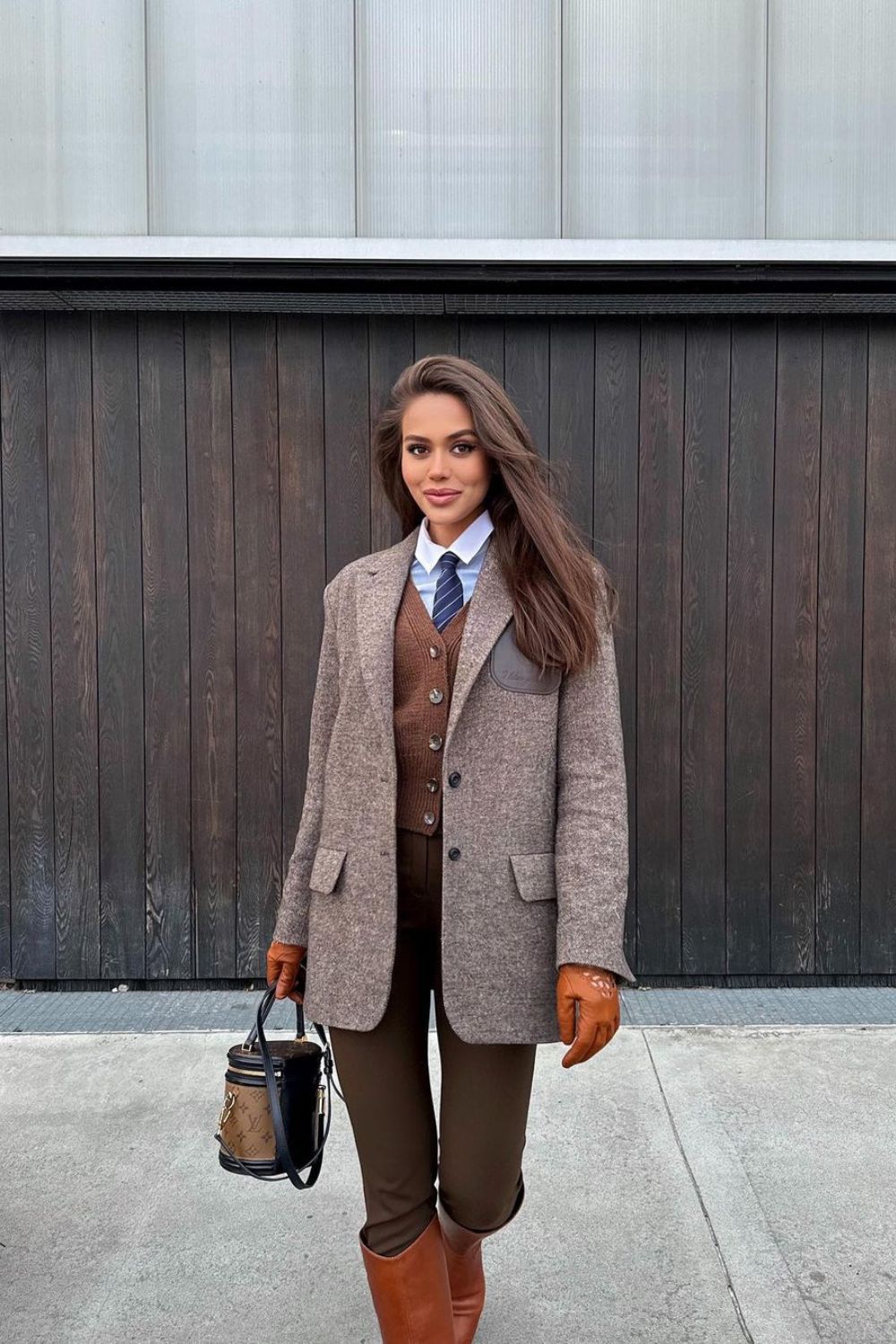 Old money tweed outfit with a tie