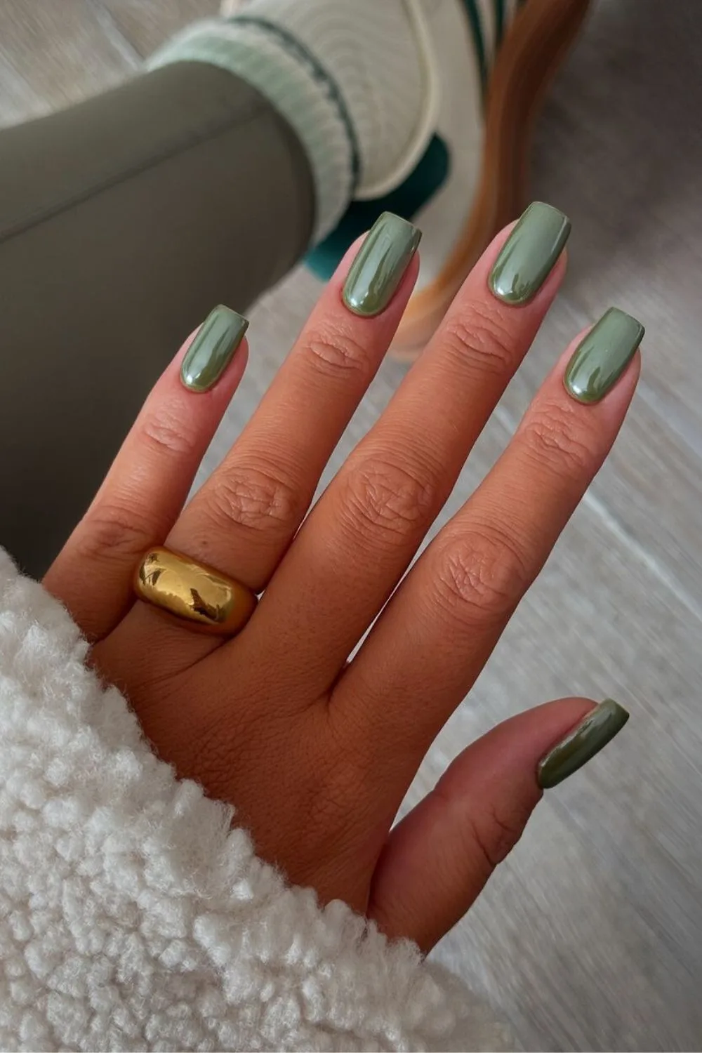 Olive green chrome mani