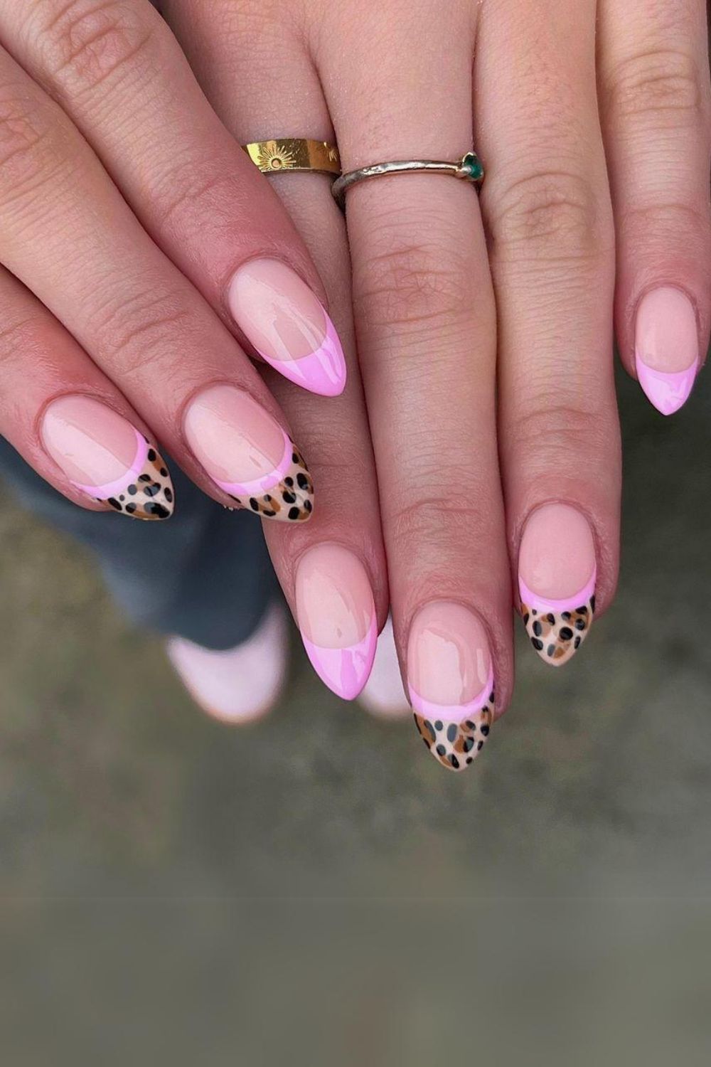 Pink and leopard print french tip nails