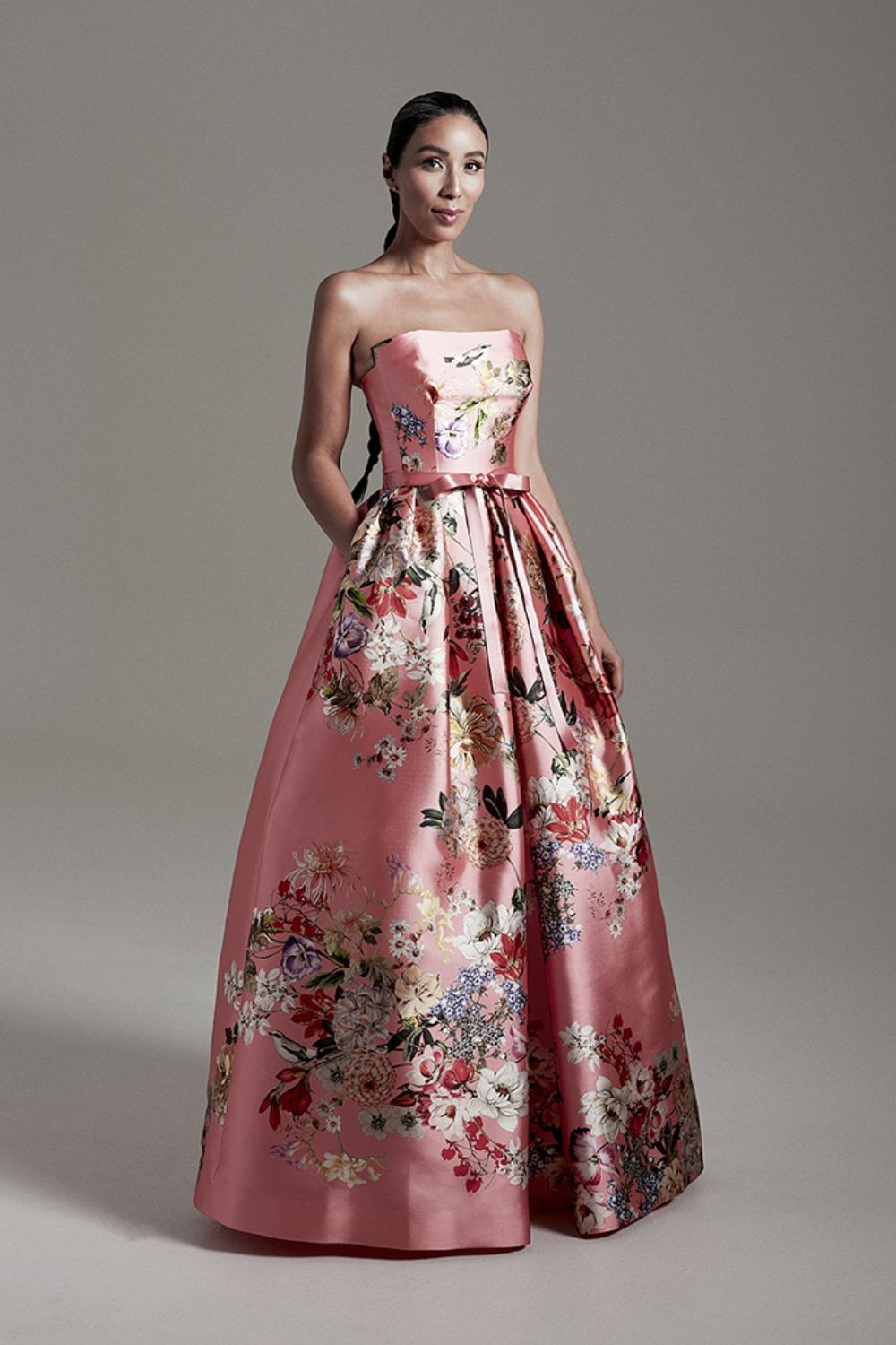 Pink satin dres with floral details