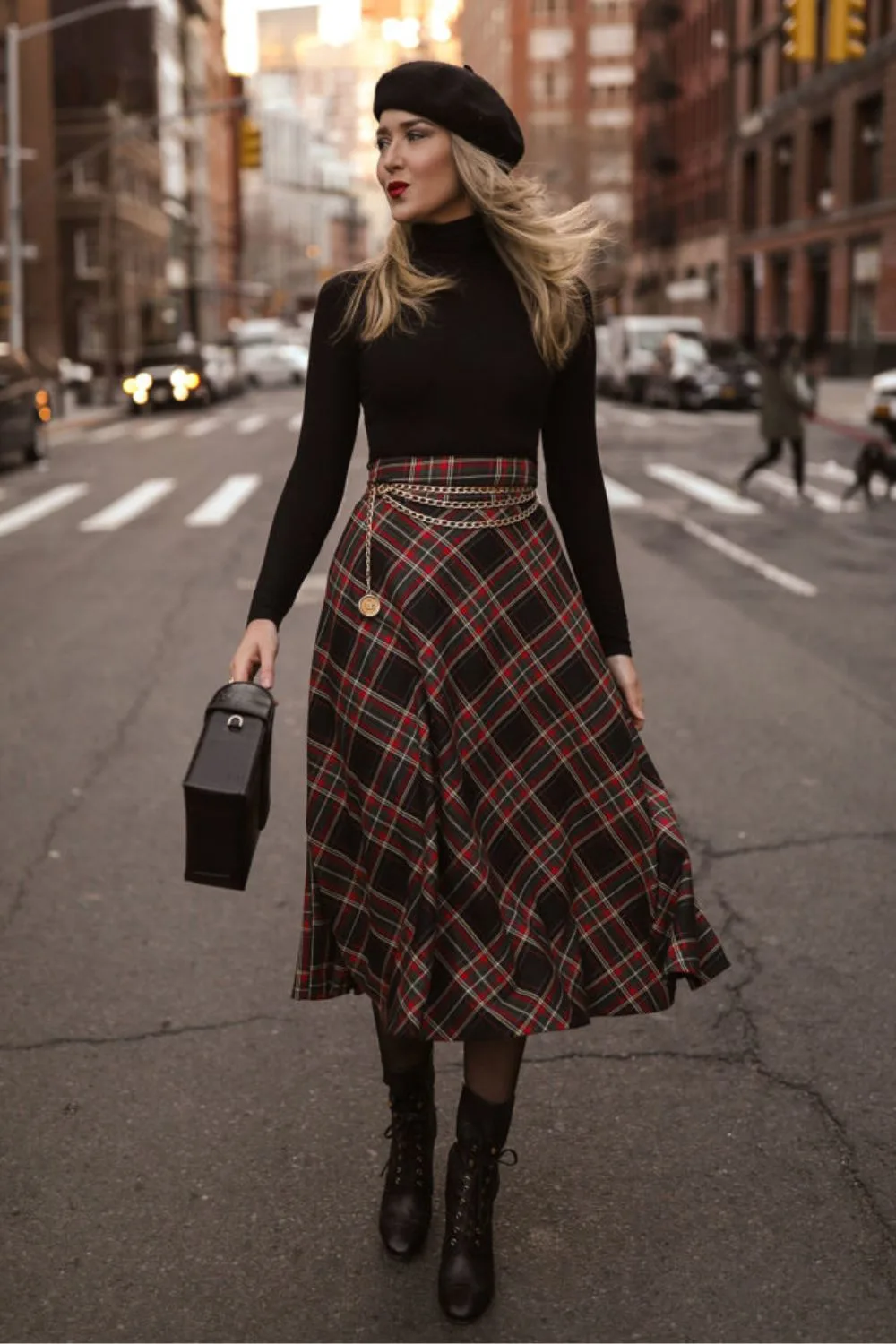 A plaid midi skirt outfit