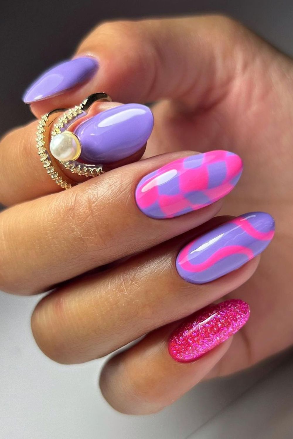 Purple and pink checkerboard nails