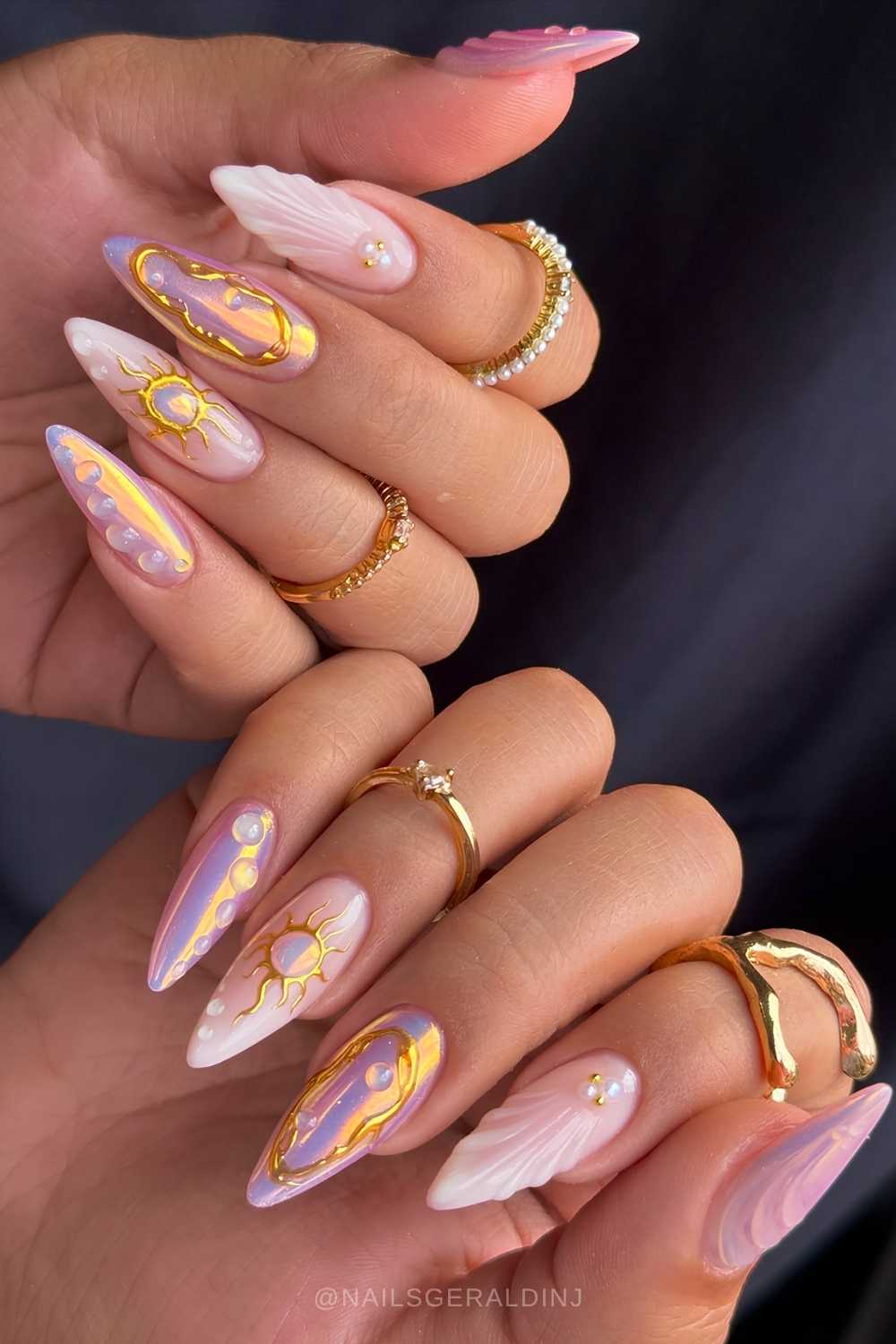 Purple chrome and white nails with seashell art