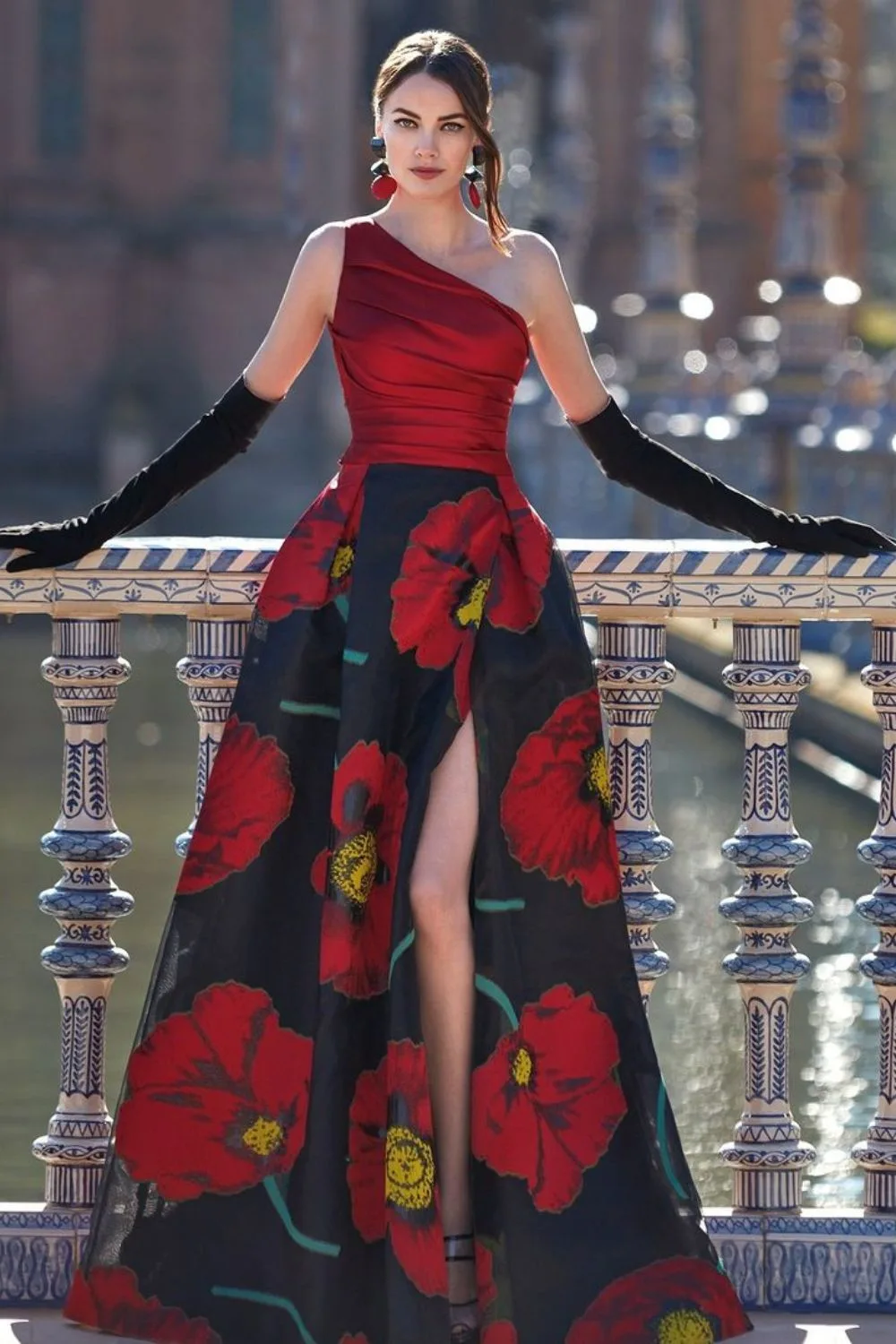 Red and black gown with poppy print