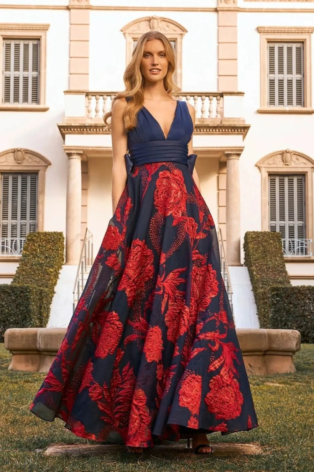 Red and navy dress with floral print