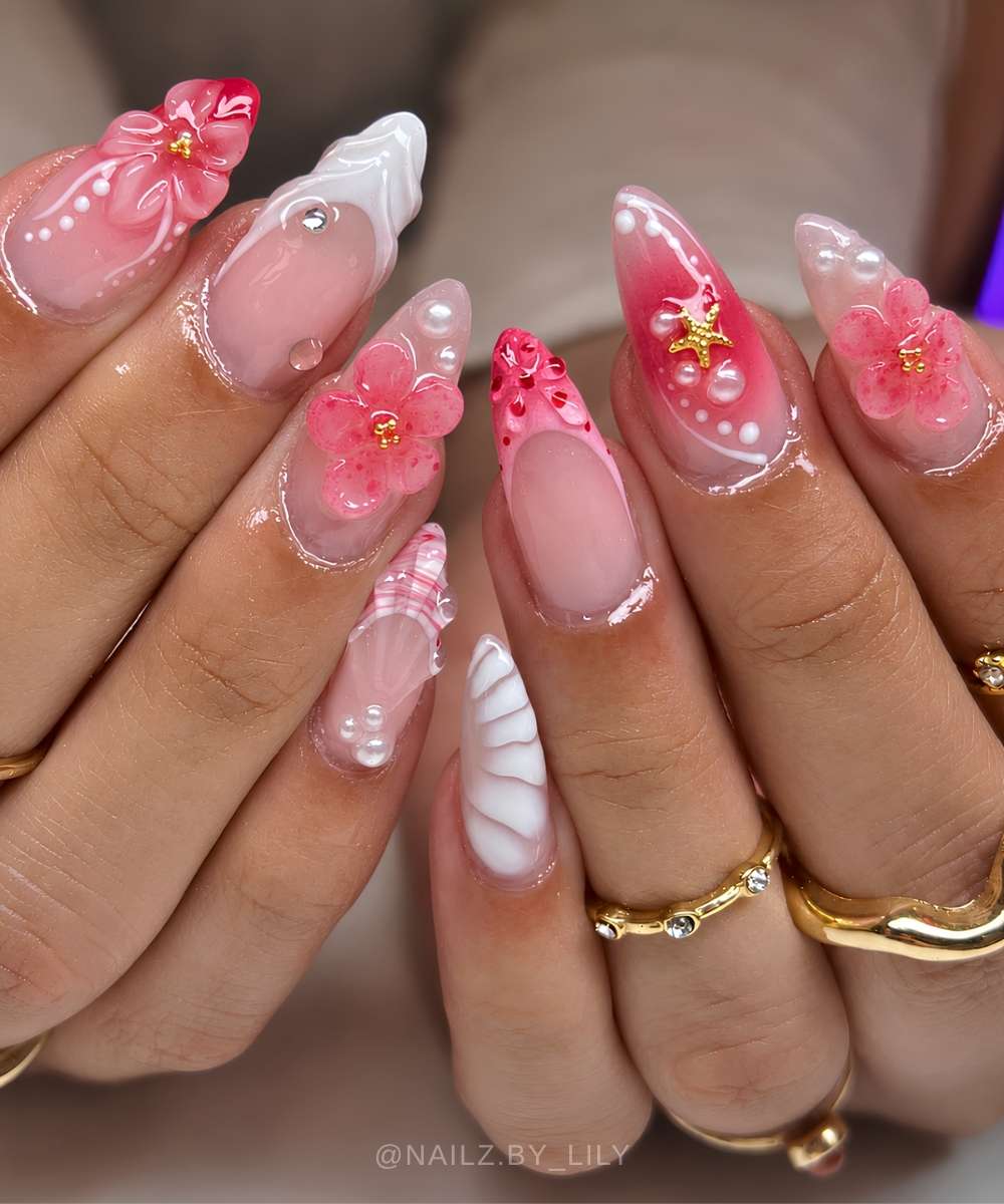 Red and white mermaid inspired nails