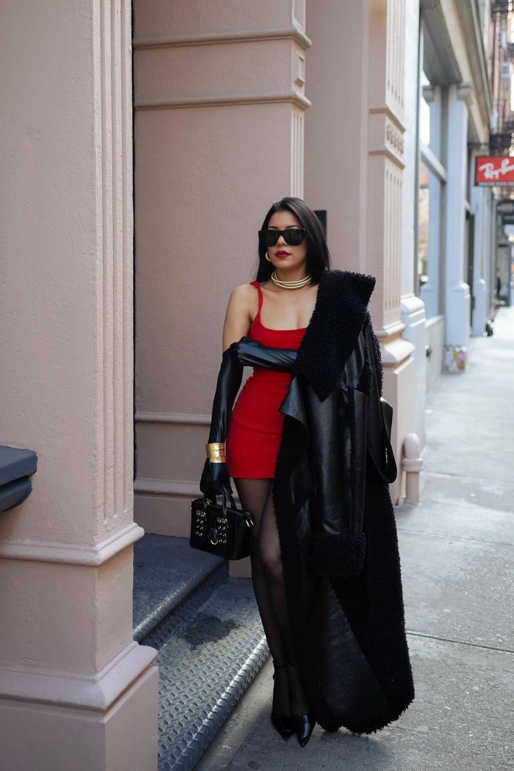 Red dress and coat outfit