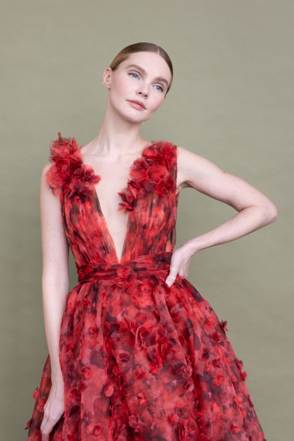 Red floral gown