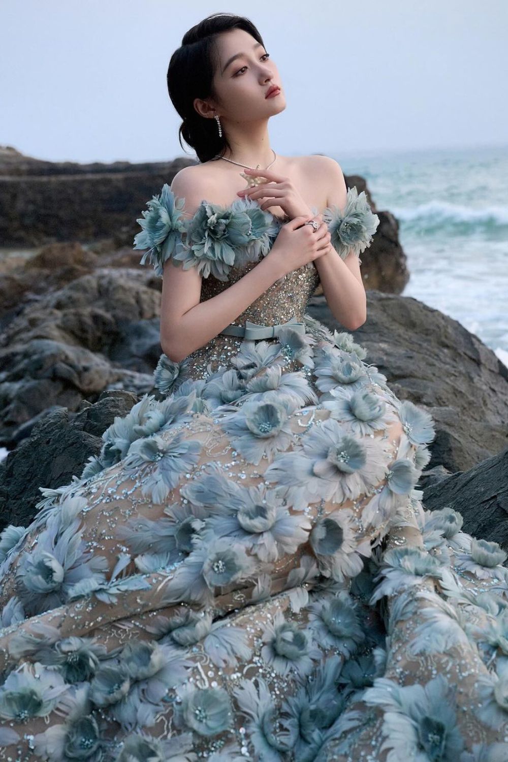 Silver blue dress with flowers