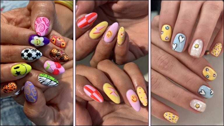 A collage of smiley face nail art ideas