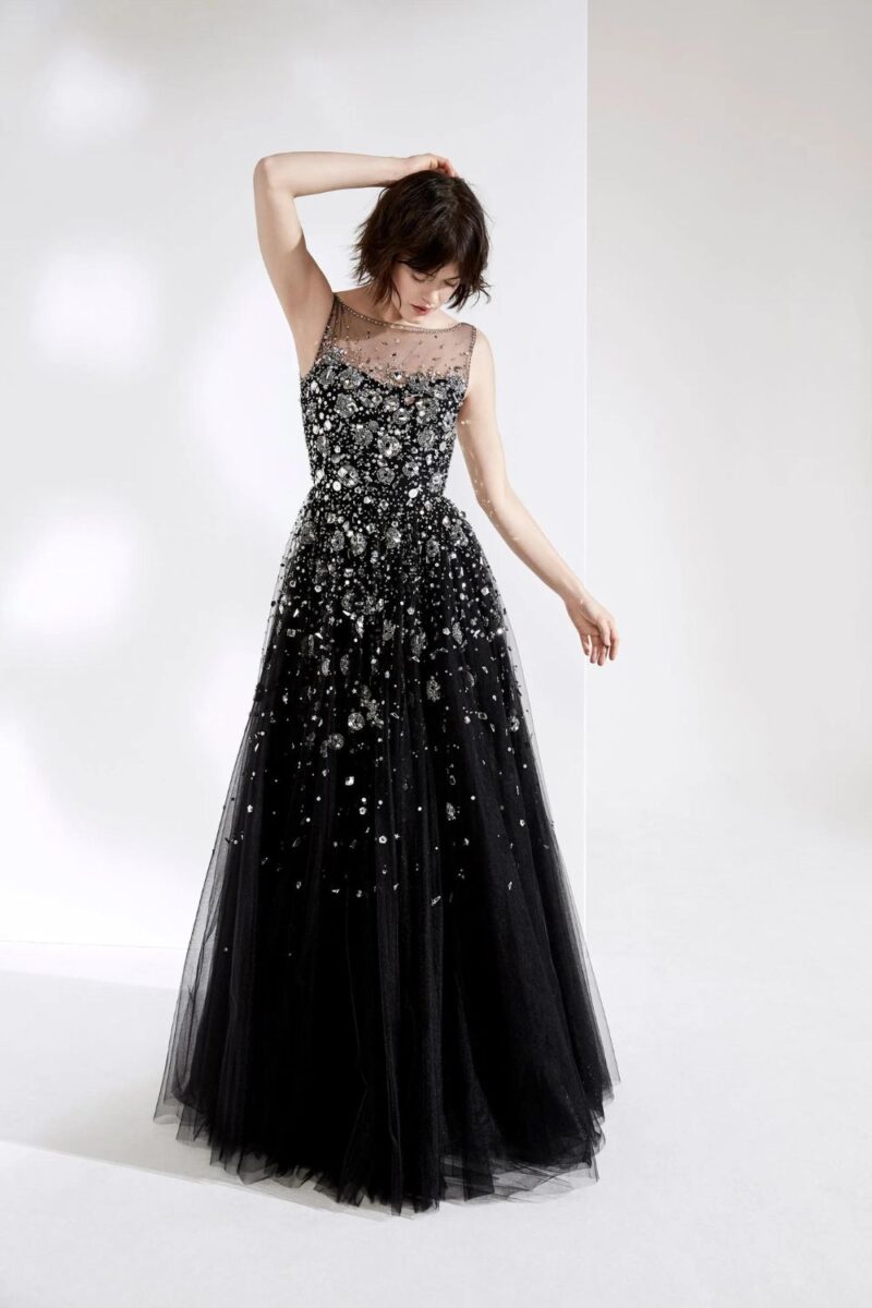 one shoulder black formal dress Tulle with Lace Applique Prom Dress, Black D Black Bardot Flared Sleeve 7.15.24 Size:11 US (44 EU)