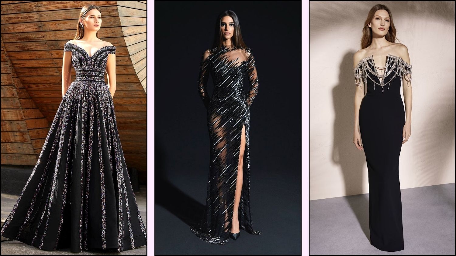 A collage of silver and black dresses