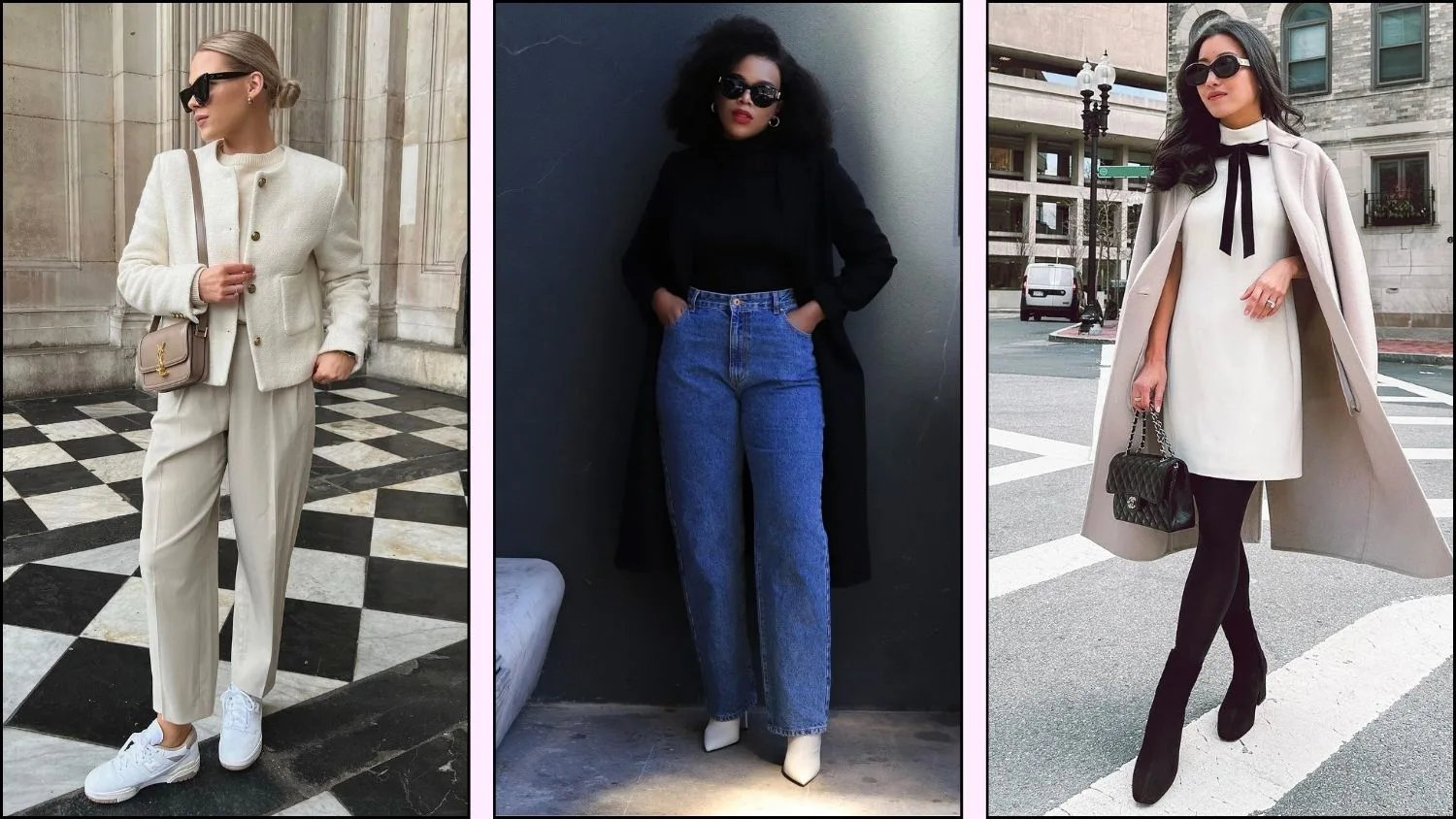 A collage of short women in stylish outfits