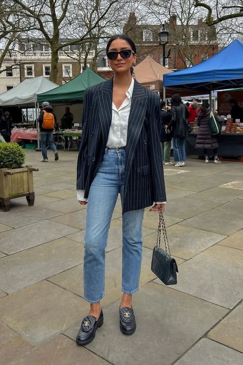 Stylish outfit with pinstripe blazer