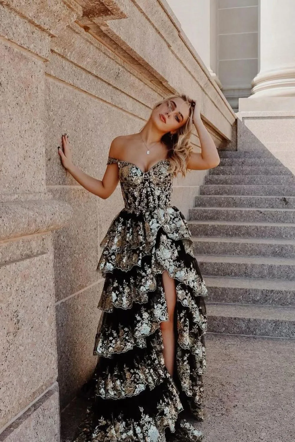 Tiered floral silver and black dress