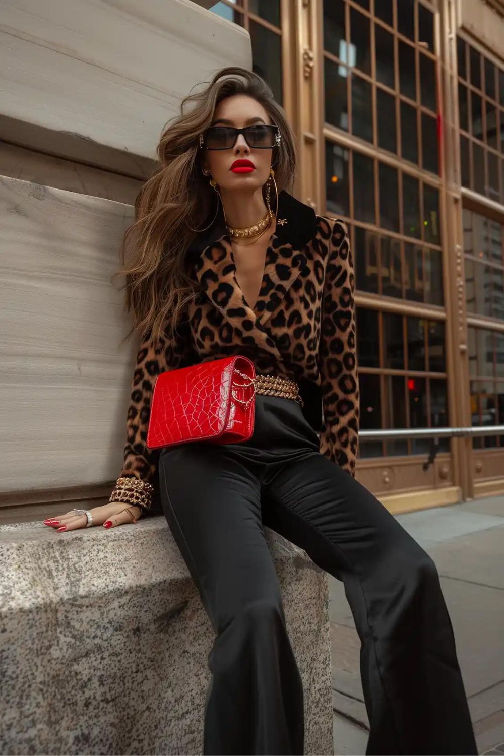 Trousers and animal print blouse outfit