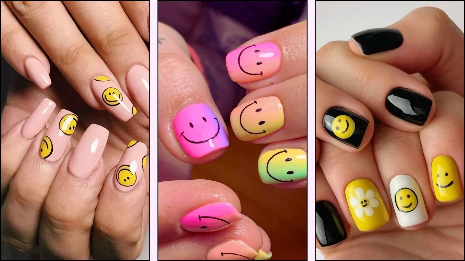 Collage of nail designs with smiley faces