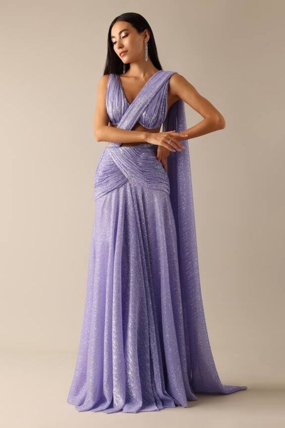 a model posing in lilac maxi dress