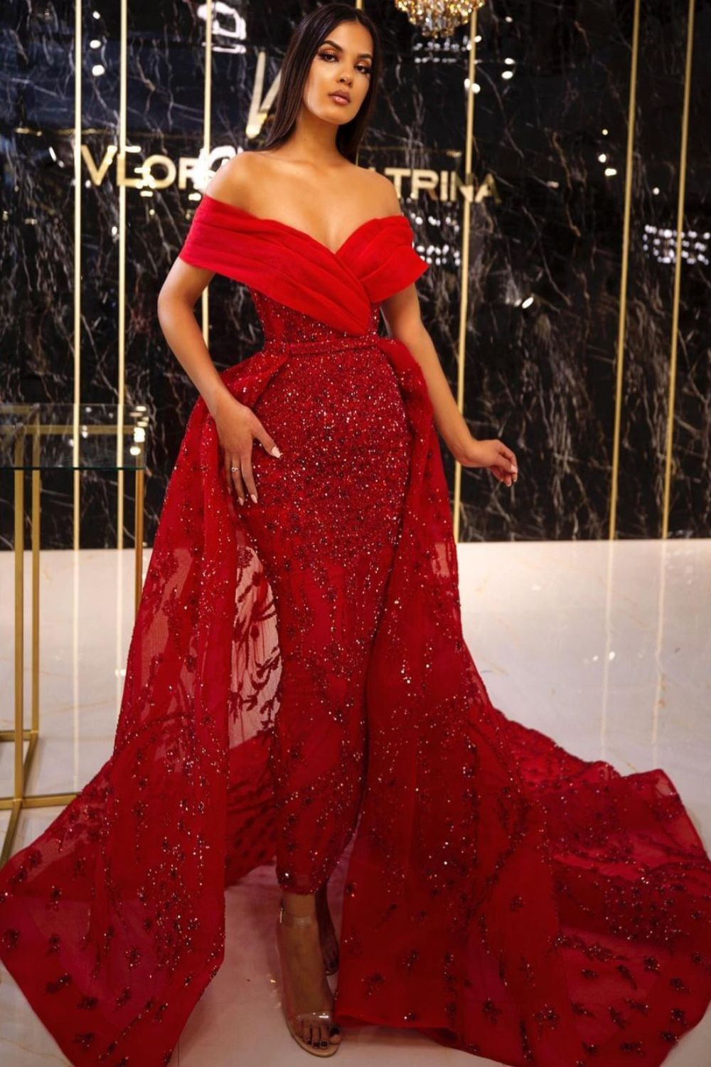 beautiful woman in red prom dress