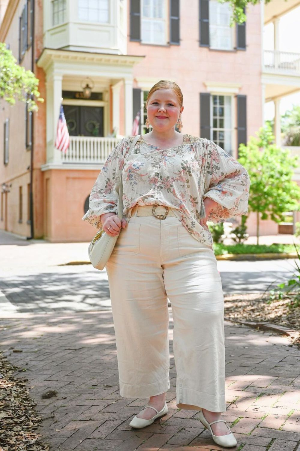 belted waist and the flowy blouse on rectangular body shape