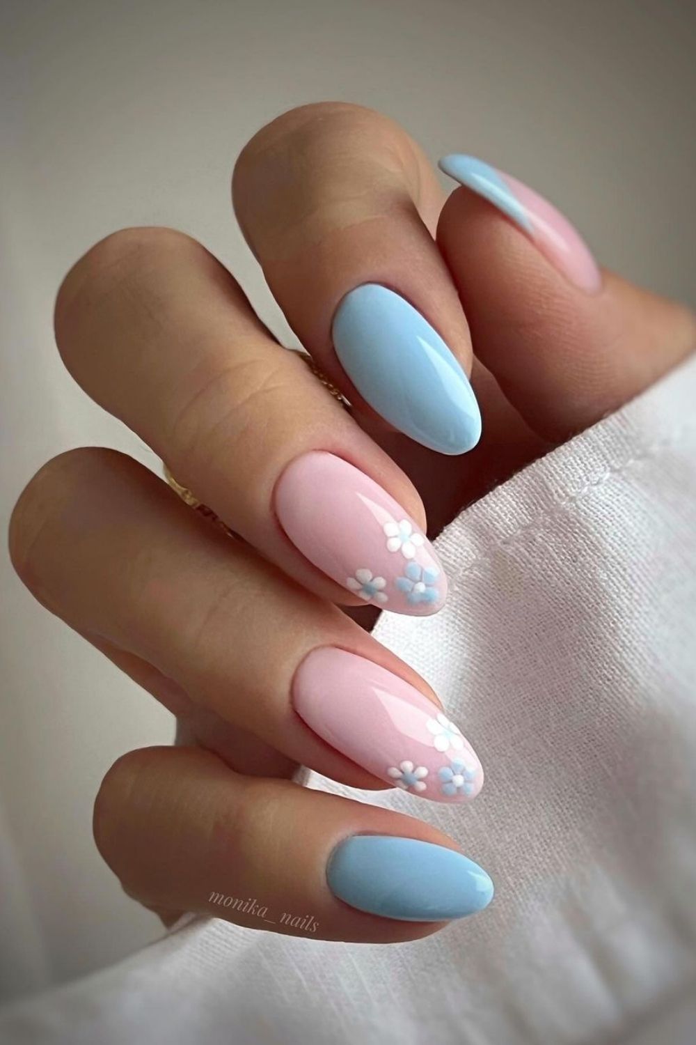 blue and white almond nails